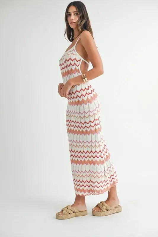 MABLE Lightweight Pointelle Chevron Knit Maxi Dress - DAVERRI FASHIONS