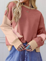 Contrast Star Patchwork Exposed Seam Uneven Hem Drop Shoulder Sweatshirt | Sweatshirts Daverri Fashions