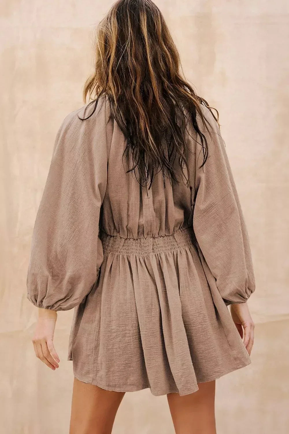 Smocked V-Neck Balloon Sleeve Dress - DAVERRI FASHIONS