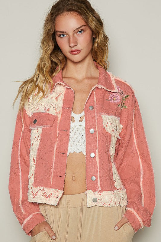 POL Crochet Patch Embroidered Button Up Jacket Pink Multicolor