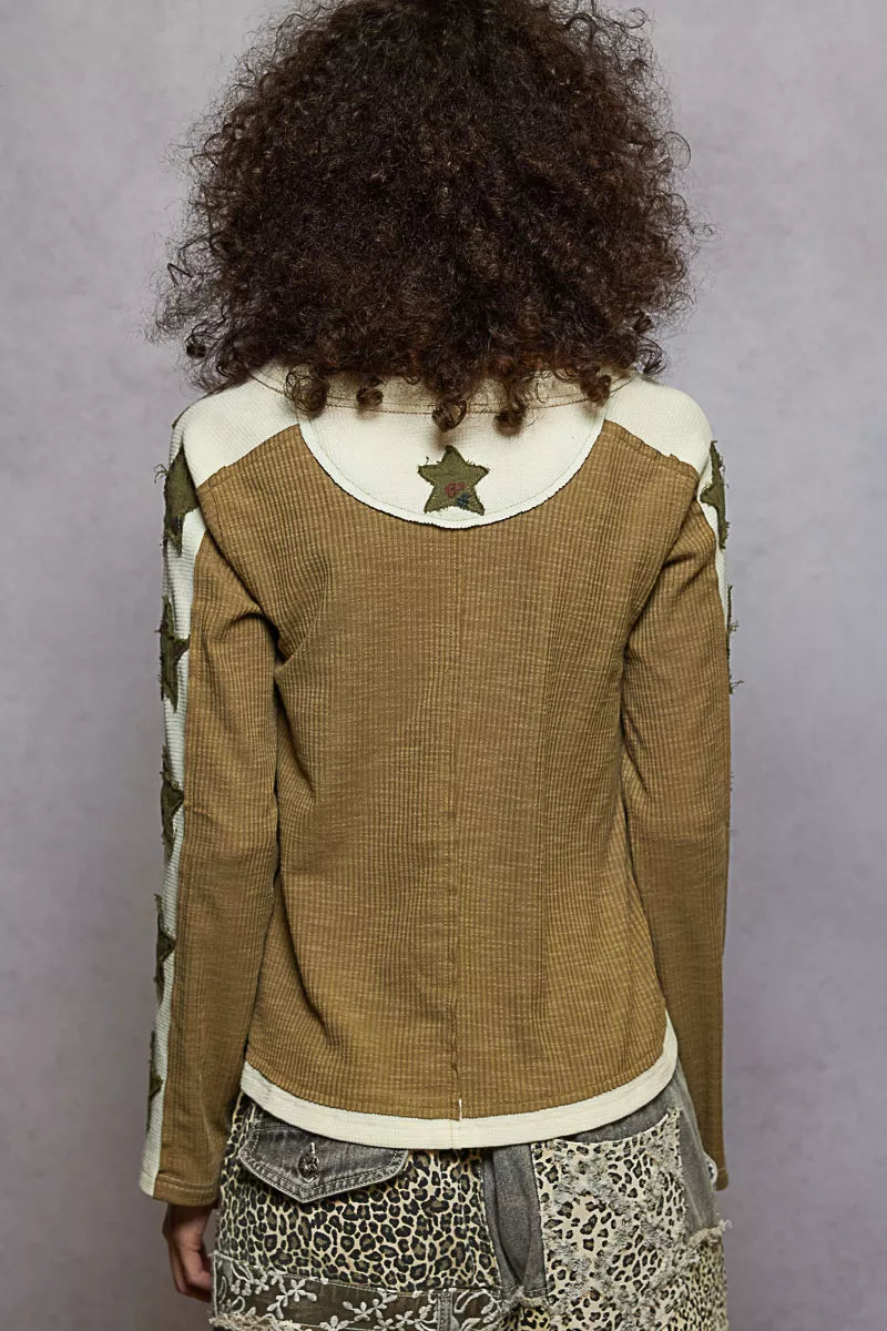 POL Round Neck Long Sleever T-Shirt with Star Patch | T-Shirts Daverri Fashions