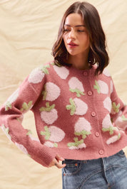 SO ME Strawberry Fruit All Over Button Sweater Cardigan | Cardigans Daverri Fashions