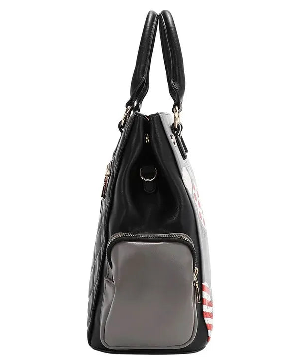 Nicole Lee USA eco-leather handbag with black gray quilted design and striped side accent