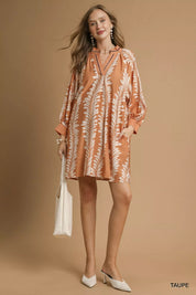 Umgee Leaf Print Notched Mini Babydoll Dress | Mini Dresses Daverri Fashions
