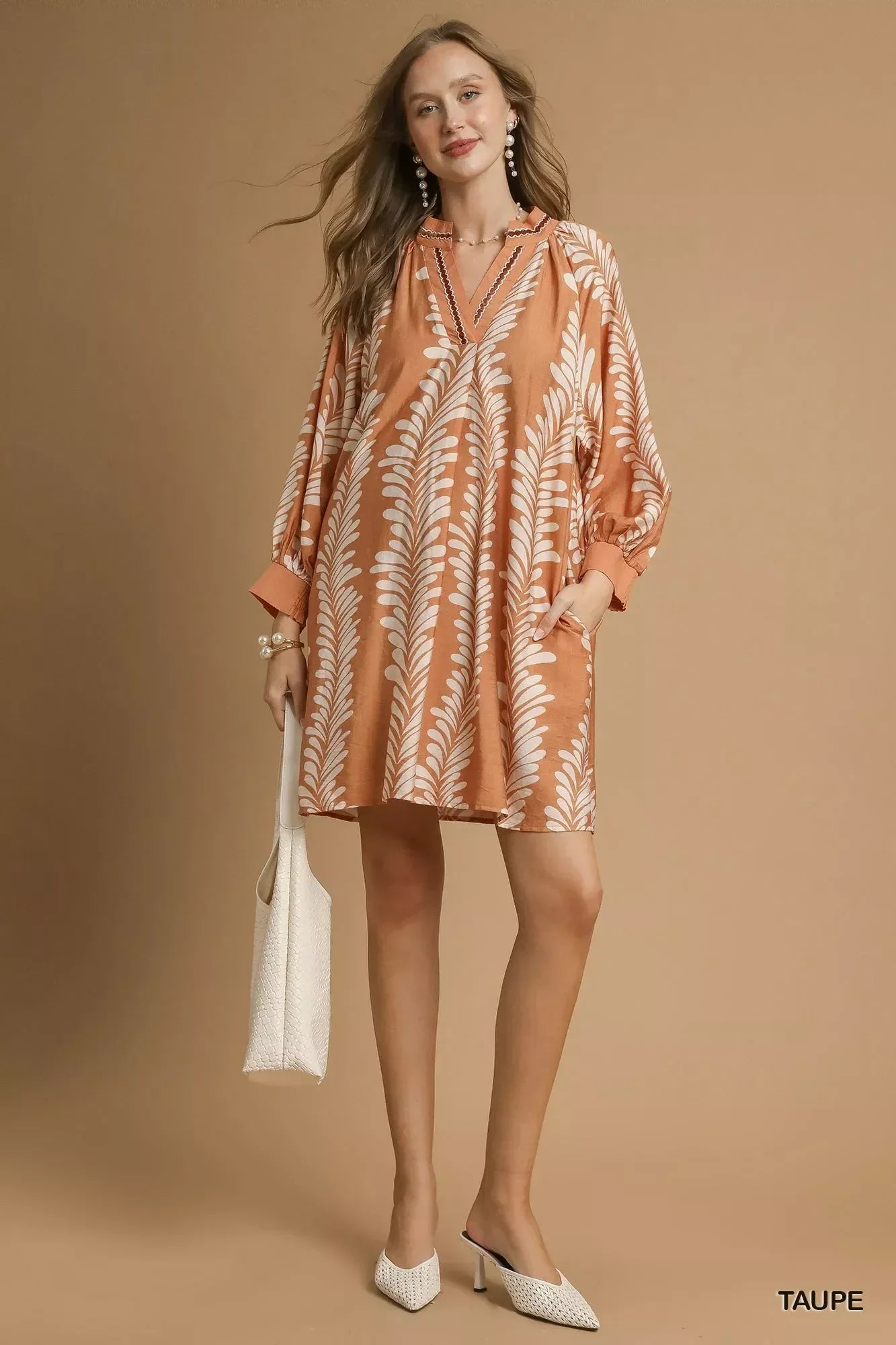 Umgee Leaf Print Notched Mini Babydoll Dress - DAVERRI FASHIONS