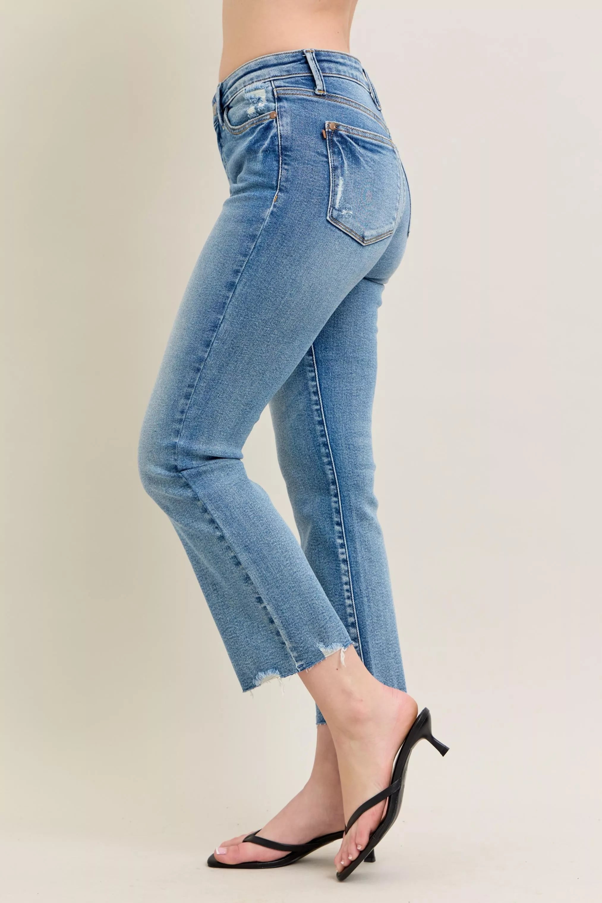 Judy Blue vintage wash high-rise kick flare jeans with frayed hem