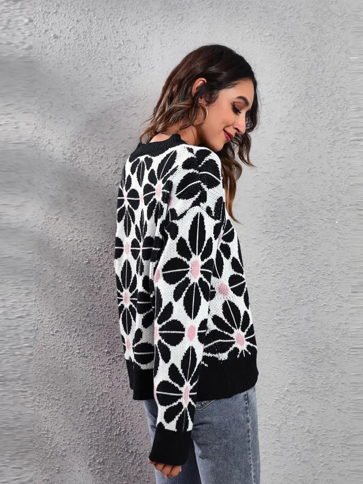 Floral Round Neck Long Sleeve Sweater | Daverri Fashions
