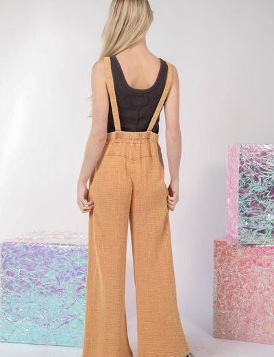 VERY J Texture Washed Wide Leg Overalls