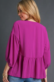 Umgee Full Size V-Neck Puffed 3/4 Sleeve Babydoll Blouse Plus Size | Blouses Daverri Fashions