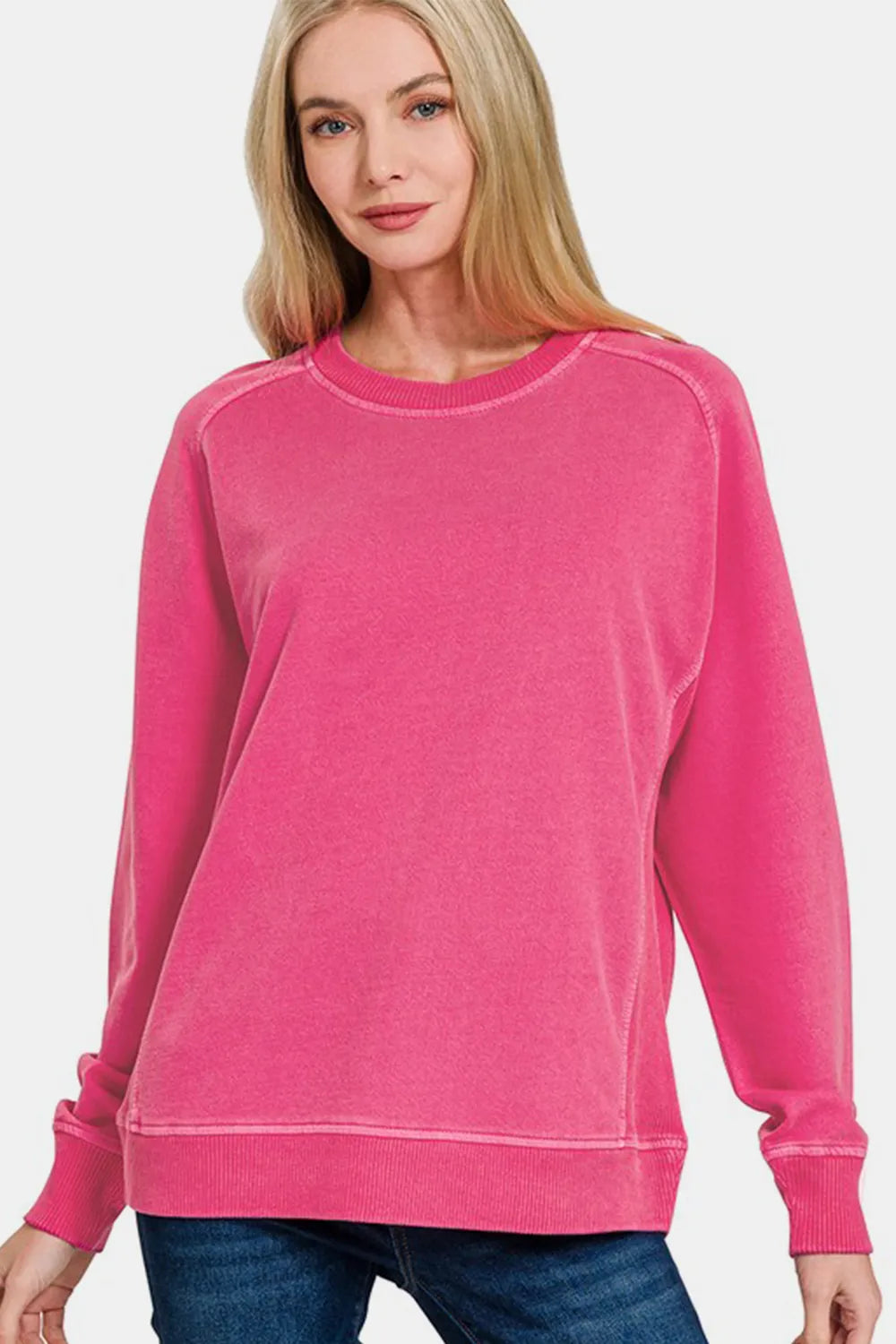 Zenana Full Size Pigment Dyed French Terry Sweatshirt Hot Pink Sweatshirts