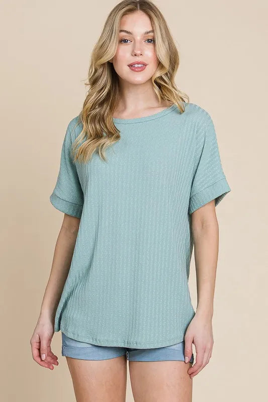 BOMBOM Rib Knit Short Sleeve T-Shirt SAGE