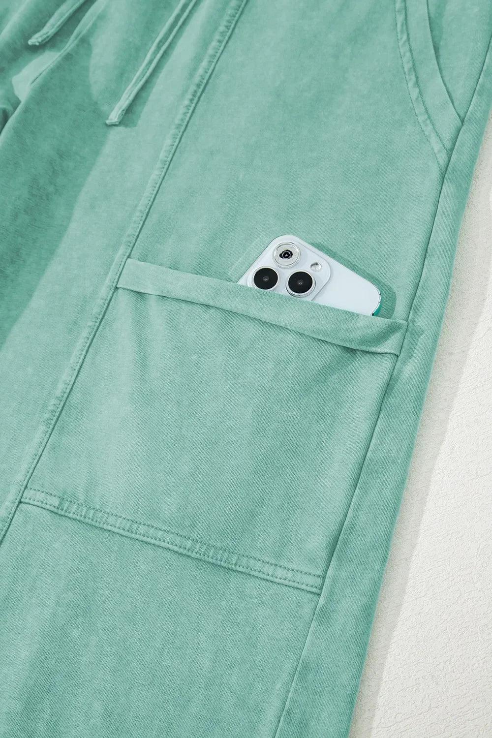 Mineral Wash Exposed Seam Drawstring High Waist Wide Leg Cargo Pants - DAVERRI FASHIONS