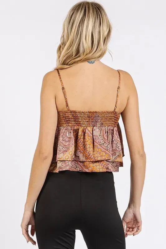 Mittoshop Paisley Patchwork Print Satin Ruffle Crop Cami - DAVERRI FASHIONS