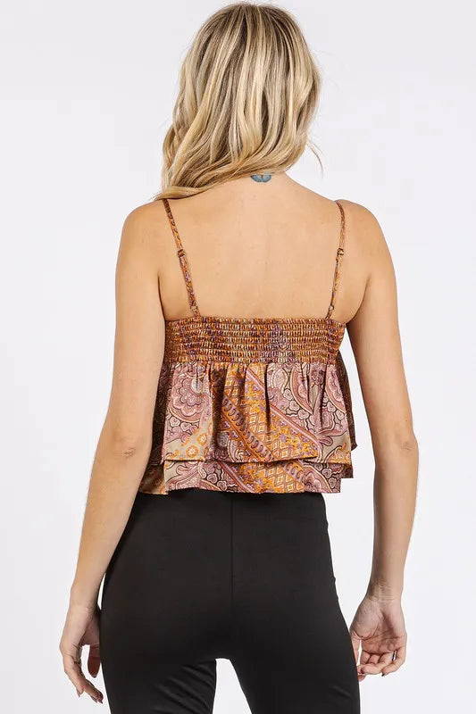 Mittoshop Paisley Patchwork Print Satin Ruffle Crop Cami Cami Tops