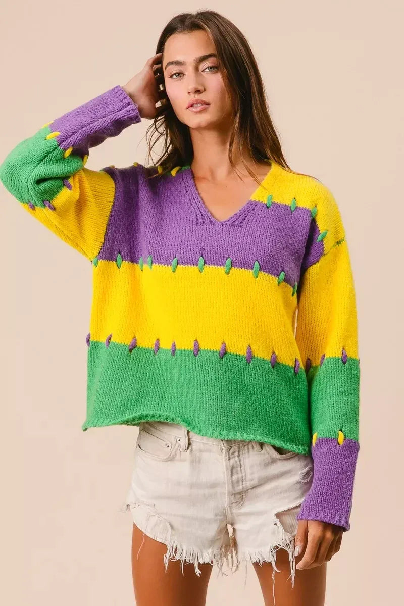 BiBi Stitch Detail Mardi Gras Stripes Sweater - DAVERRI FASHIONS