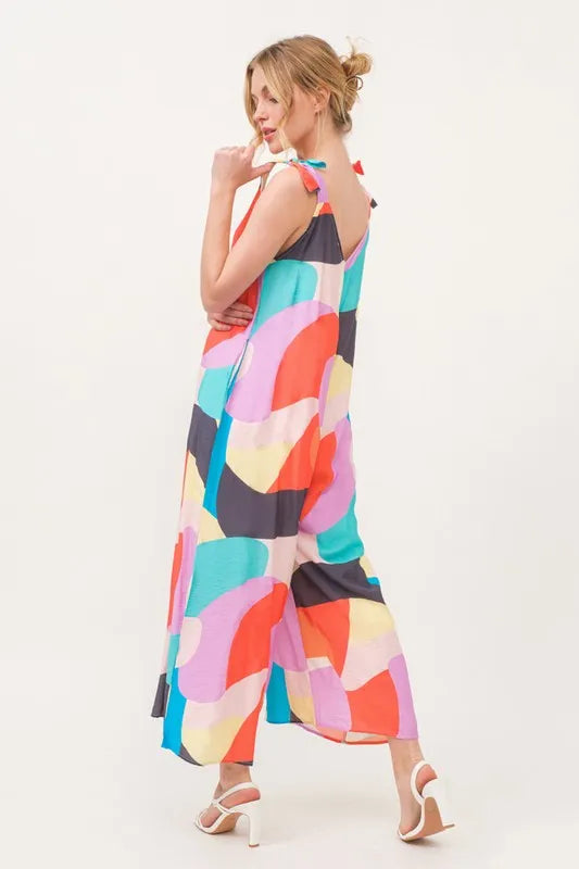 And The Why Tied Shoulder Straps Wide-Leg Geo Print Jumpsuit Jumpsuits