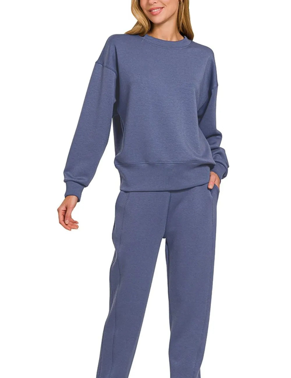 BLUE INDIGO Zenana Scuba Crewneck Pullover & Joggers 2 Pieces Set | Loungewear Sets Daverri Fashions