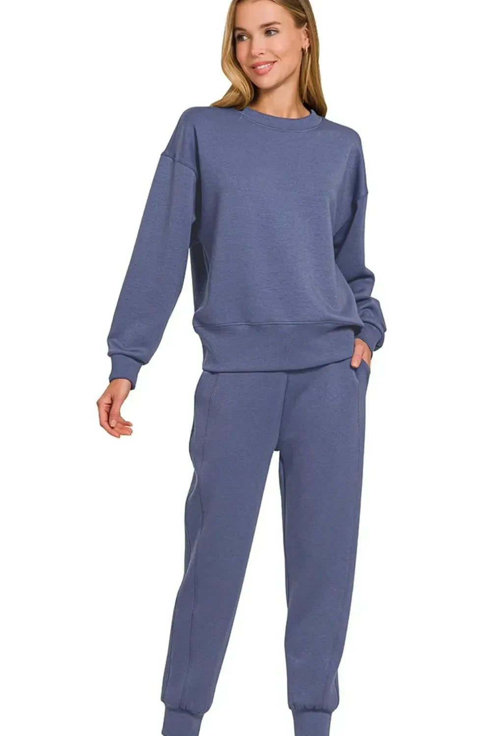 Zenana Scuba Crewneck Pullover & Joggers 2 Pieces Set Indigo - DAVERRI FASHIONS