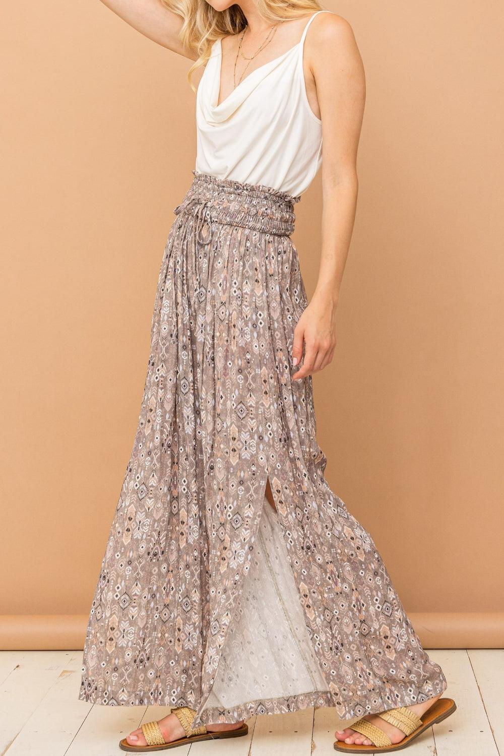 And The Why Printed Smocked Waist Slit Wide Leg Pants Grey Pants