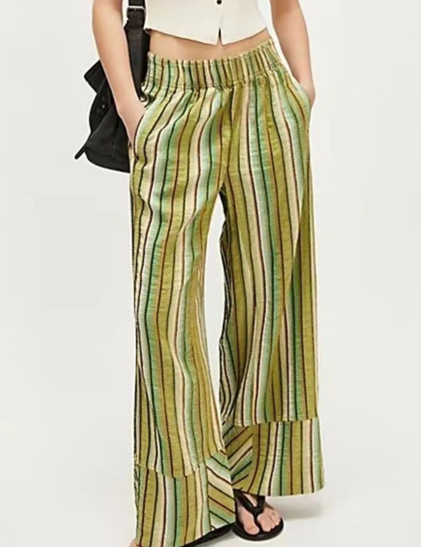 Green Striped Wide Leg Pants | Pants Daverri Fashions