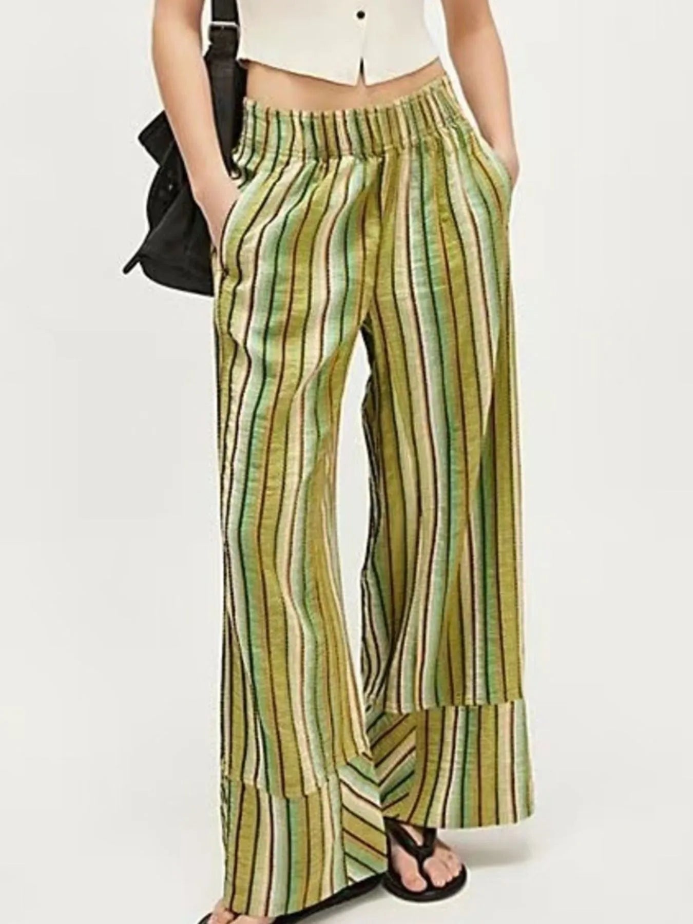 Green Striped Wide Leg Pants | Pants Daverri Fashions