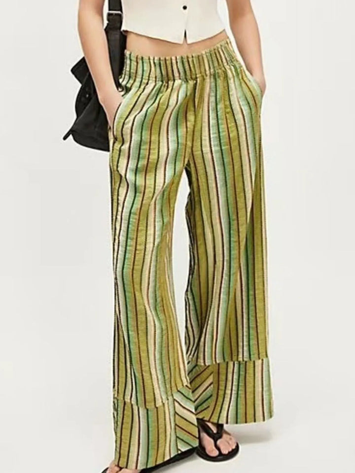 Green Striped Wide Leg Pants | Pants Daverri Fashions