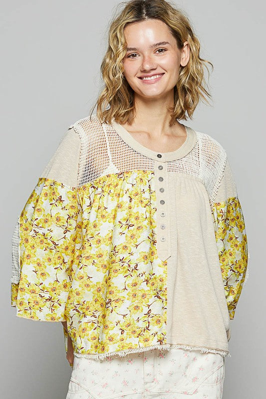 POL Washed Floral Print Crochet Detail Top TOASTED ALMOND