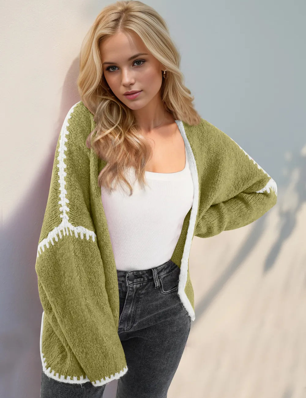 Yellow-Green Double Take Contrast Open Front Dropped Shoulder Cardigan | Cardigans Daverri Fashions