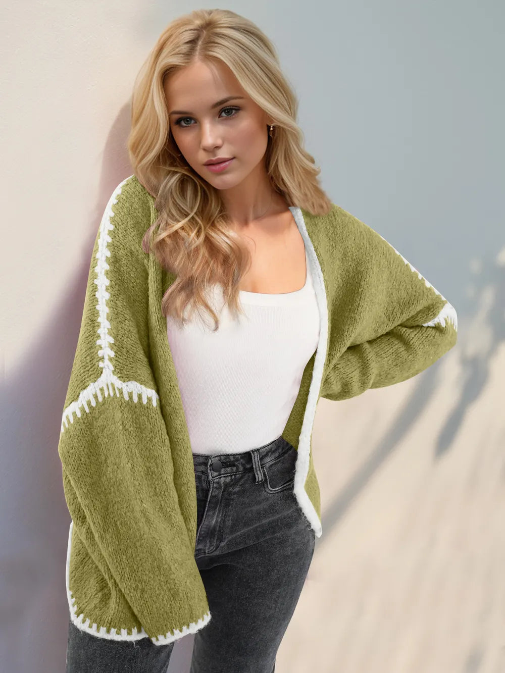 Yellow-Green Double Take Contrast Open Front Dropped Shoulder Cardigan | Cardigans Daverri Fashions