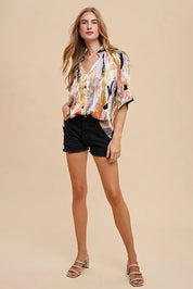 Annie Wear Multi Color Printed V-Neck Open Woven Blouse Top | Daverri Fashions