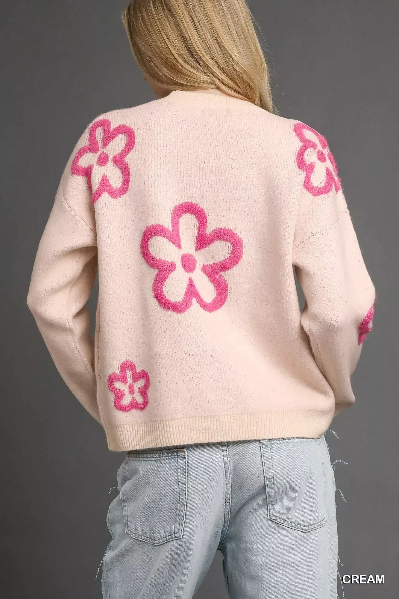 Umgee Round Neck Sweater with Pink Floral Accents - DAVERRI FASHIONS
