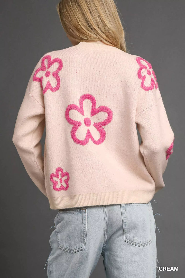 Umgee Round Neck Sweater with Pink Floral Accents | Daverri Fashions