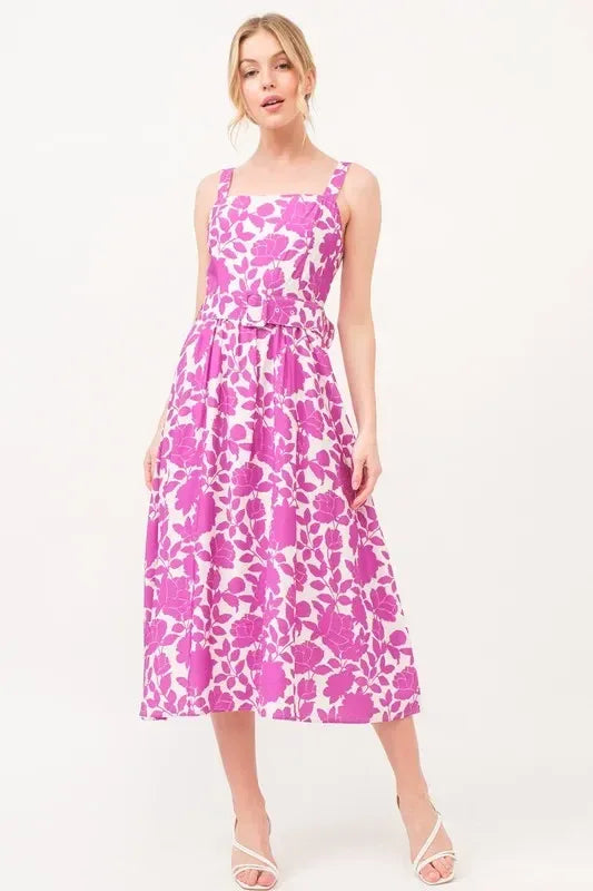 And The Why Square Neck Belted Floral Printed Midi Dress - DAVERRI FASHIONS