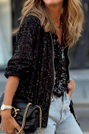 Sequin Zip Up Long Sleeve Jacket | Jackets Daverri Fashions