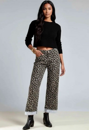 Leopard Straight Loose Leg Raw Hem Jeans | Jeans Daverri Fashions
