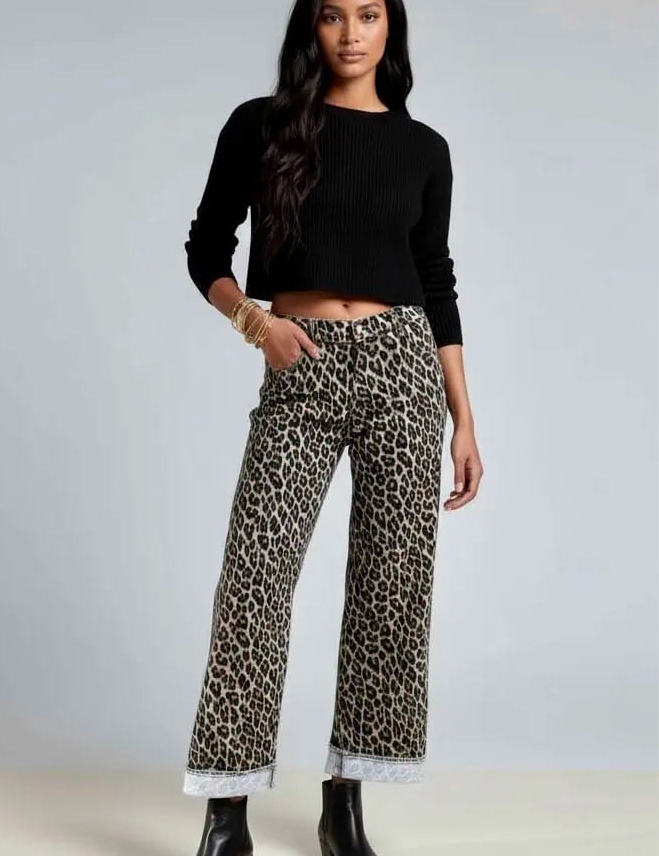 Leopard Straight Loose Leg Raw Hem Jeans | Jeans Daverri Fashions