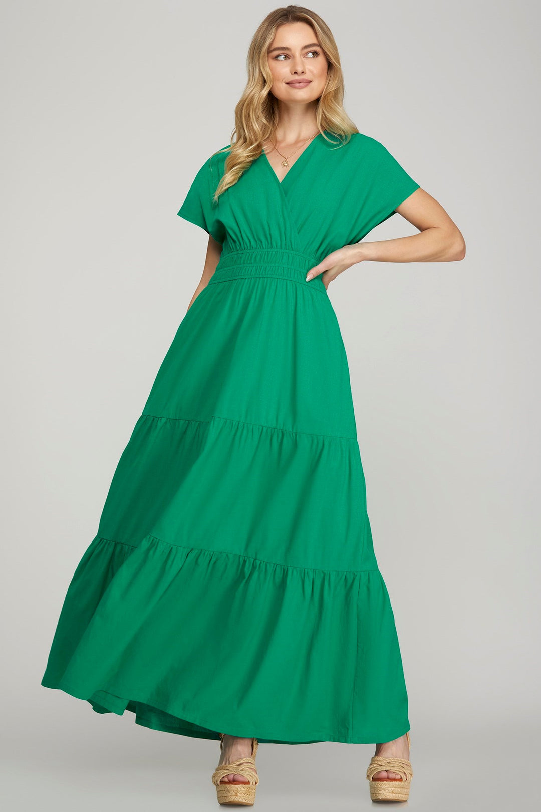 She + Sky Surplice Short Sleeve Tiered Maxi Dress With Pockets Green Maxi Dresses