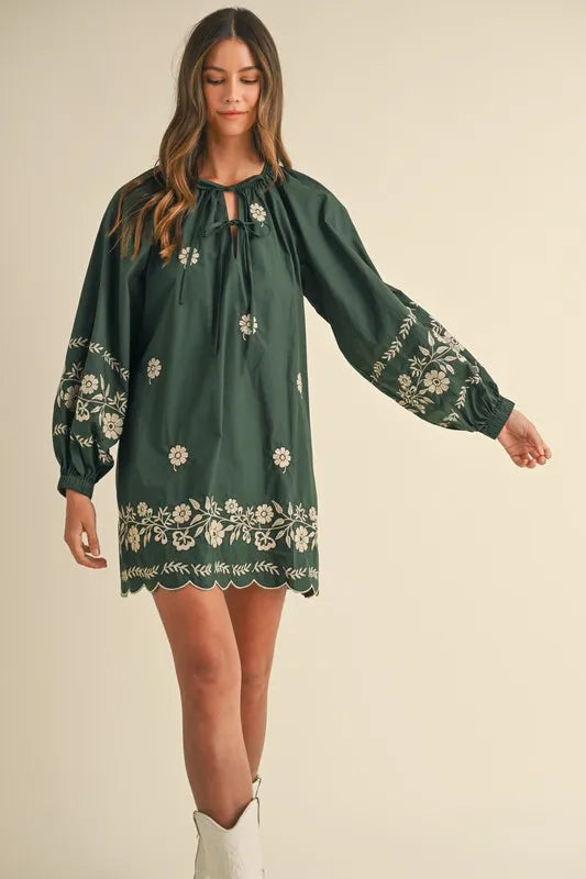 MABLE Embroidered Long Sleeve Peasant Mini Dress