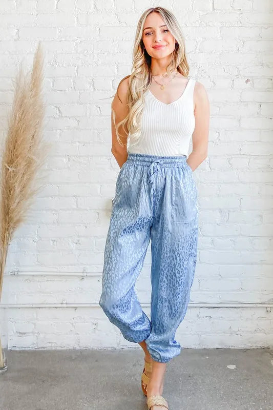 And The Why Satin Leopard Print Joggers PALE BLUE