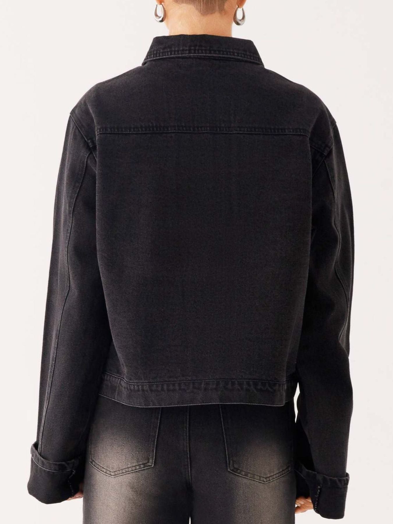 Daverri button down cropped oversized denim jacket with rolled cuffs and collar