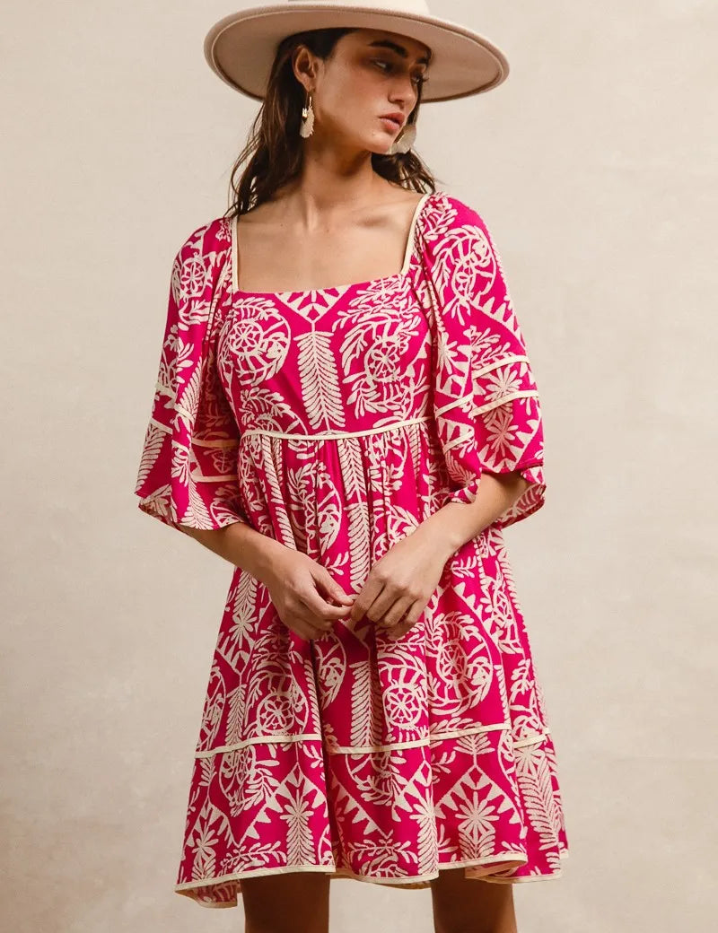 FUCHSIA BiBi Aztec Woven Printed Contrast Binding Dress | Mini Dresses Daverri Fashions