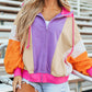 Color block zip-up hoodie with purple front, beige orange sleeves, pink trim