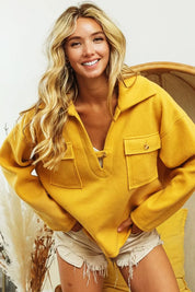 HONEY MUSTARD L BiBi Flap Pockets Fleece Collared Sweatshirt | Sweatshirts Daverri Fashions