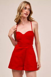 SO ME Fitted Open Back Game Day Romper with Lace Up Deta | Rompers Daverri Fashions