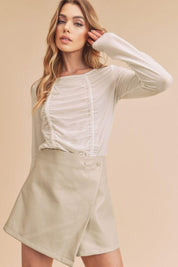 White M Aemi + Co Ruched Front Round Neck Long Sleeve T-Shirt | T-Shirts Daverri Fashions