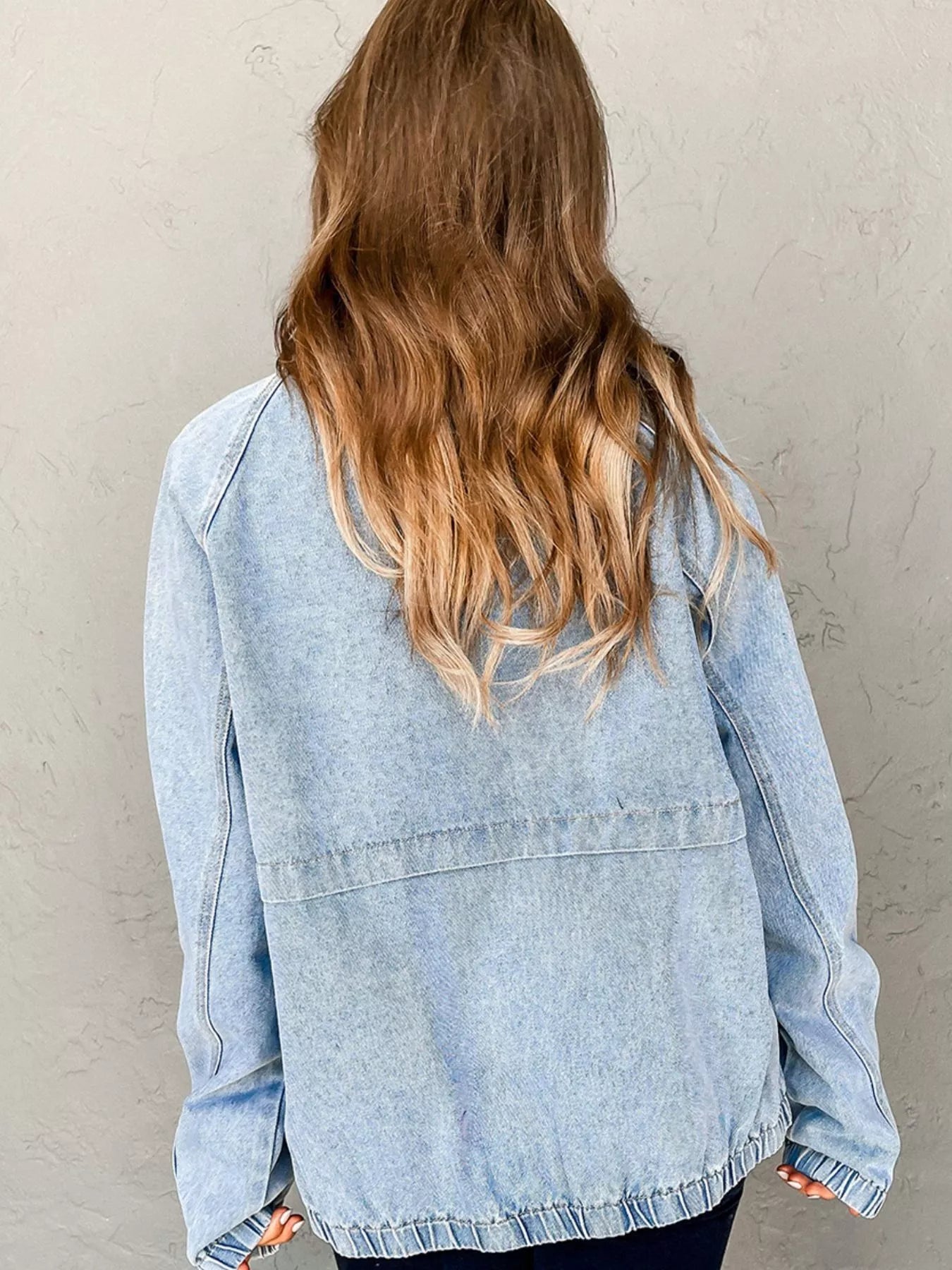 Elastic Edge Collared Zip Up Denim Jacket With Pocket | Denim Jackets Daverri Fashions