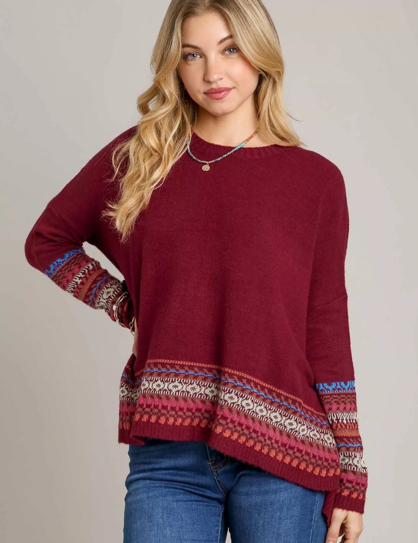 PLUM Umgee Long Sleeve Round Neck Knit Top with Side Slits and Stitch Detail | Knit Tops Daverri Fashions