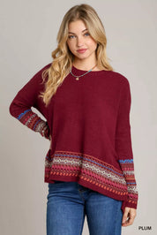 PLUM Umgee Long Sleeve Round Neck Knit Top with Side Slits and Stitch Detail | Knit Tops Daverri Fashions