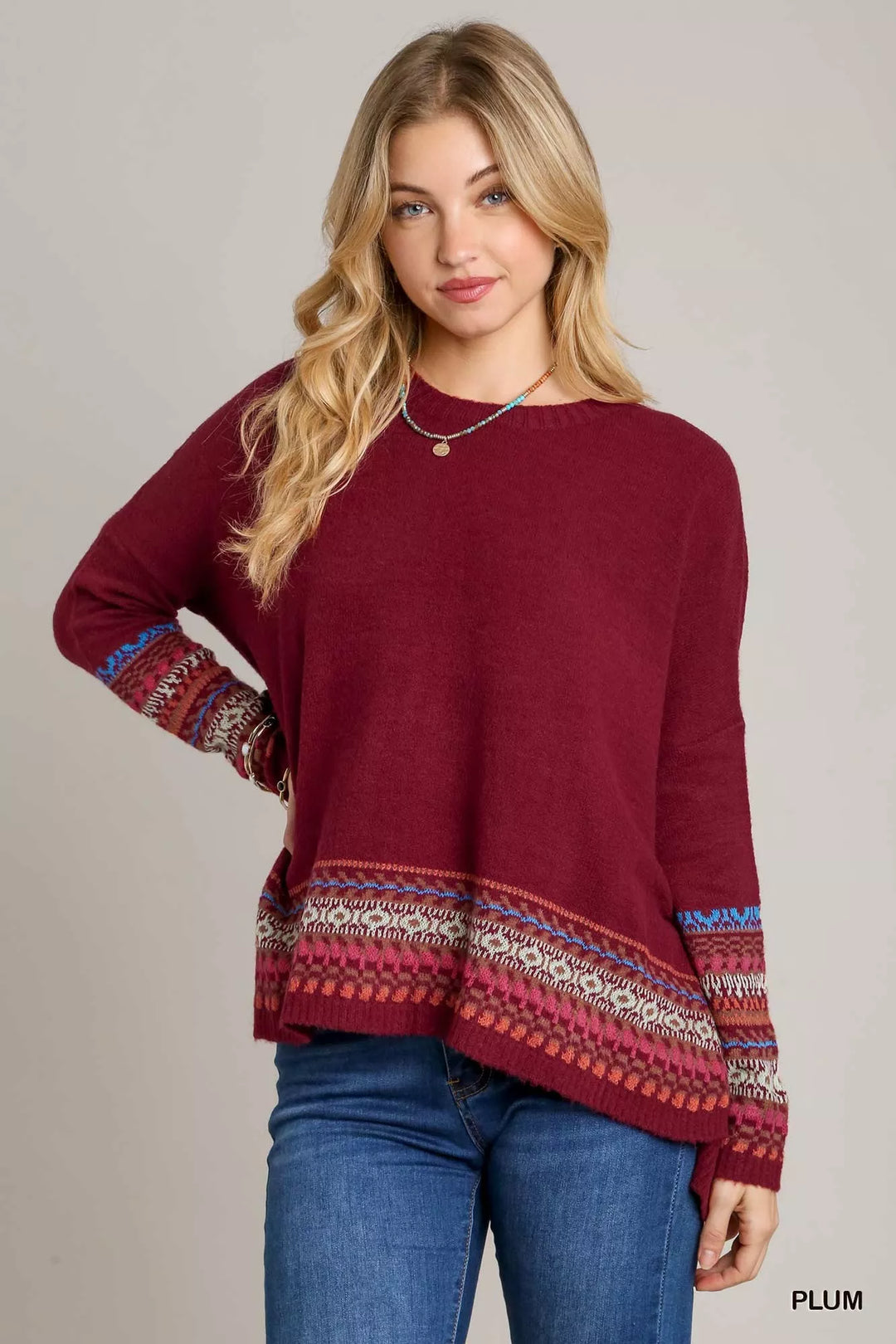 PLUM Umgee Long Sleeve Round Neck Knit Top with Side Slits and Stitch Detail | Knit Tops Daverri Fashions