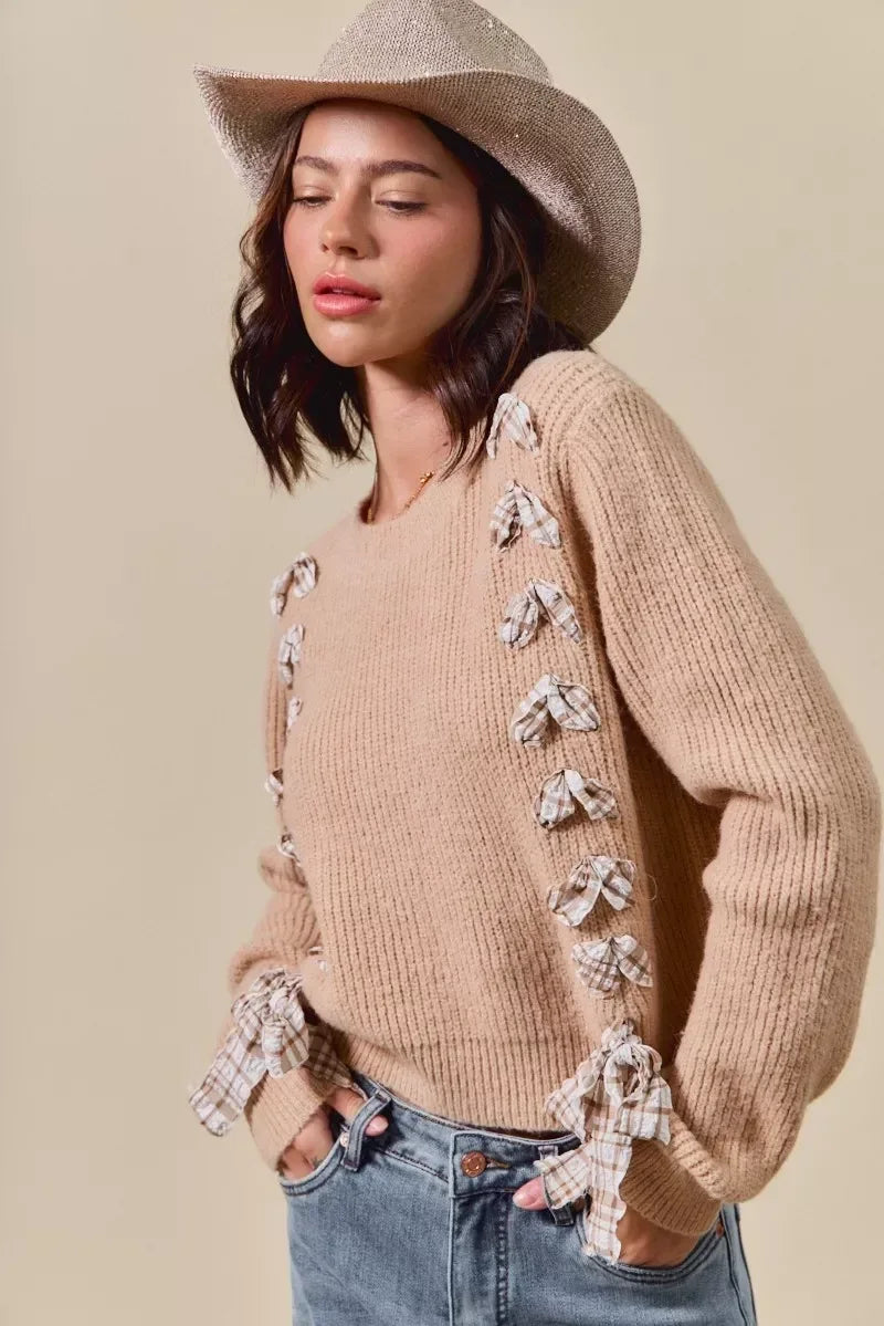 SO ME Checkered Plaid Tape Lace Up Ribbed Sweater Taupe - DAVERRI FASHIONS